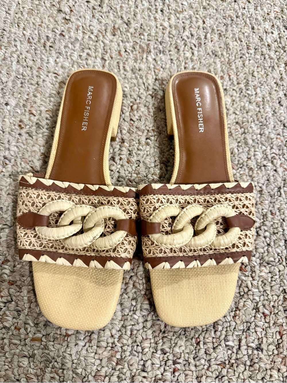 Marc Fisher Cream & Brown Woven Chain-Trim Slide Mules
